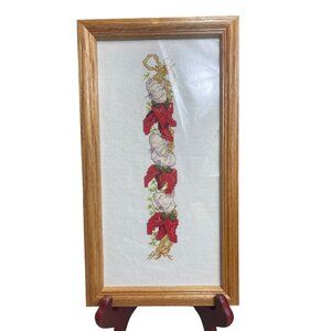 Vtg Picture Garlic & Peppers Needlepoint in Wood Rectangle Frame Glass 13in X7in